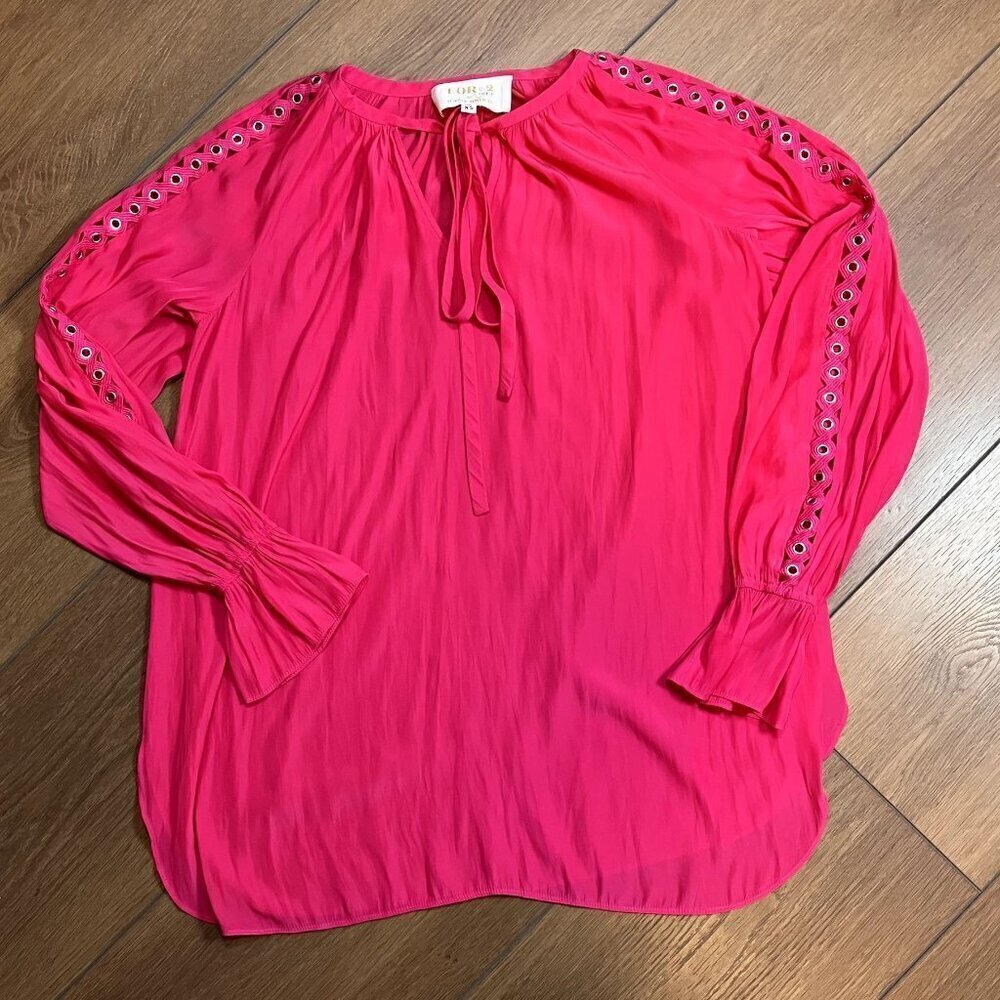For 2 by Ramy Brook Dark Pink Tie Collar Balloon Sleeve Maternity Top (Size XS)